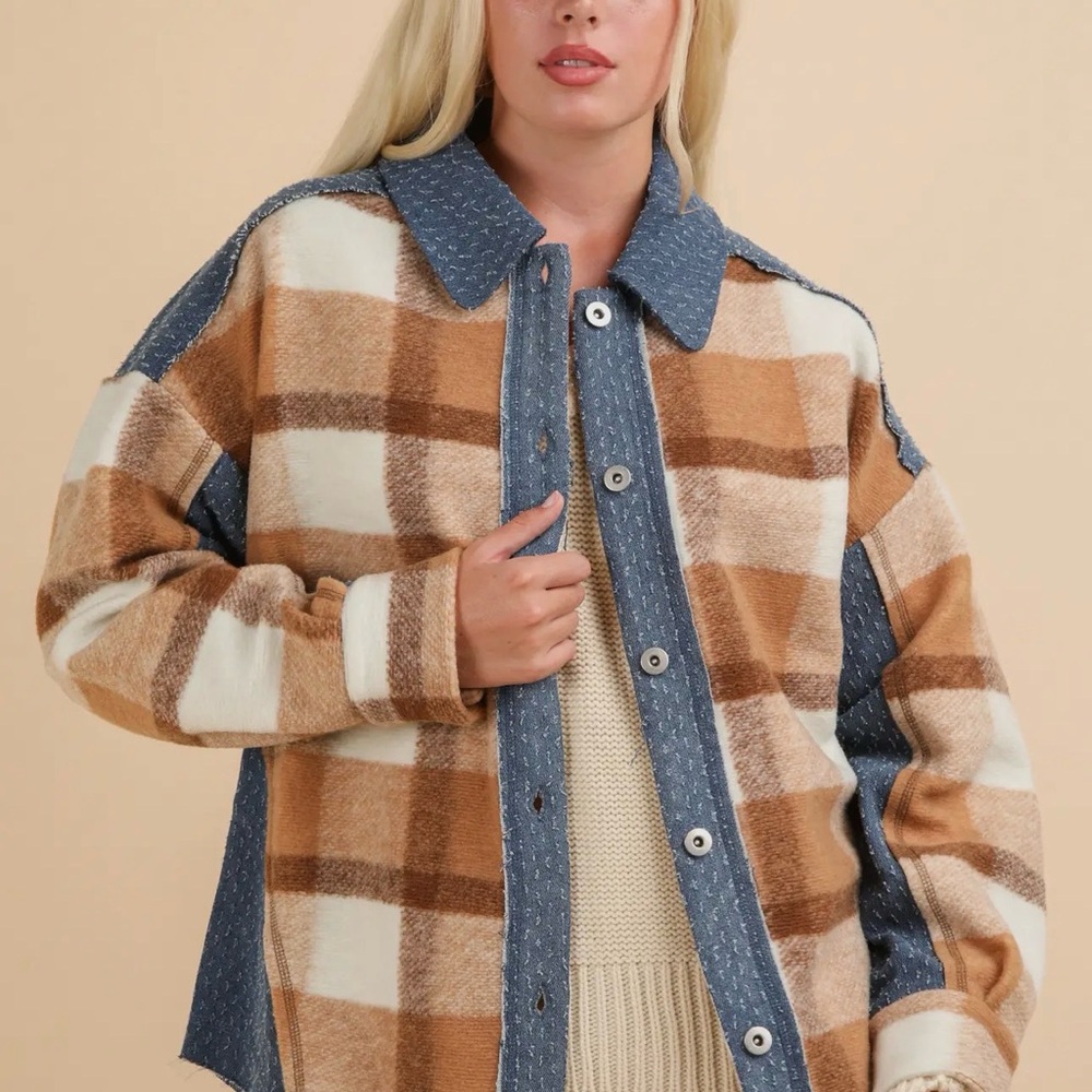 Very J Brown and Cream Plaid Teddy Jacket with Blue Denim
